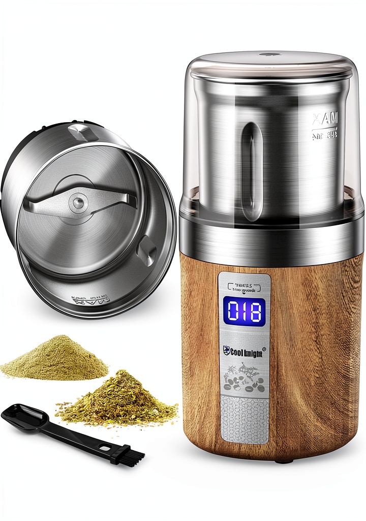 'COOL KNIGHT Electric Herb Grinder in wood grain finish on a kitchen counter'