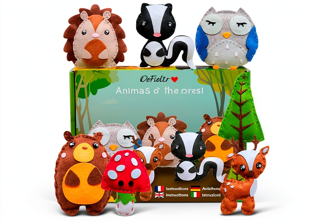 Child sewing felt animals at a kitchen table