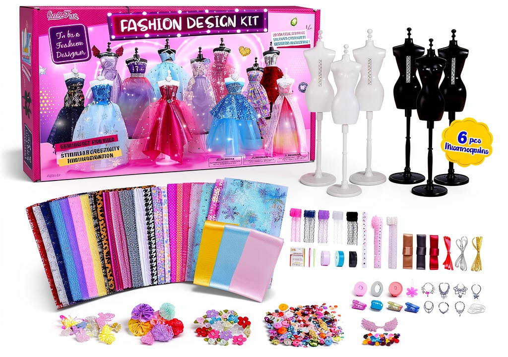 Child arranging fabric on a mannequin in the fashion design kit