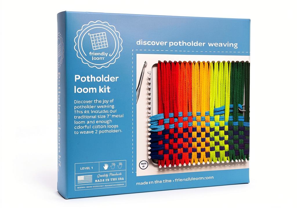 Installing Potholder Loom Kit Harrisville Designs Metal 7 Inch Rainbow Cotton Set on a wooden desk