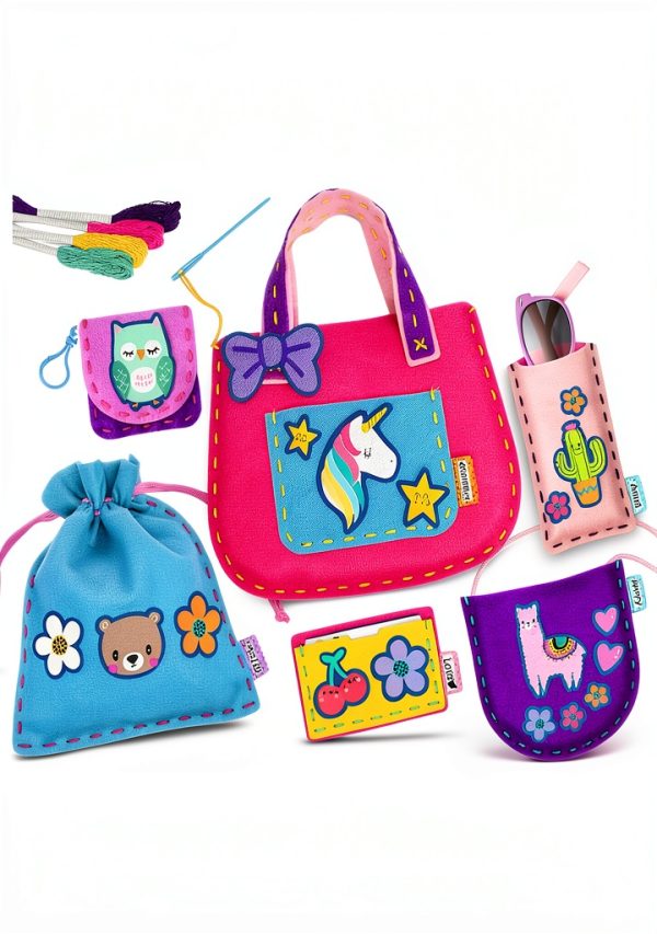 KraFun Sewing Bag Kit Multi Color 6 Project Set with Safe Needles-0