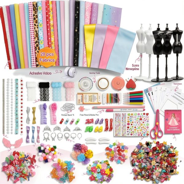 Axirata 1500+PCS Fashion Designer Kit for Girls with Fashion Sketchbook & 5 Mannequins, Creativity DIY Arts & Crafts Kit for Kids Sewing Kit for Teen Girls Birthday Gift Age 6 7 8 9 10 11 12+-1